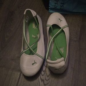 White and green summer puma flats
